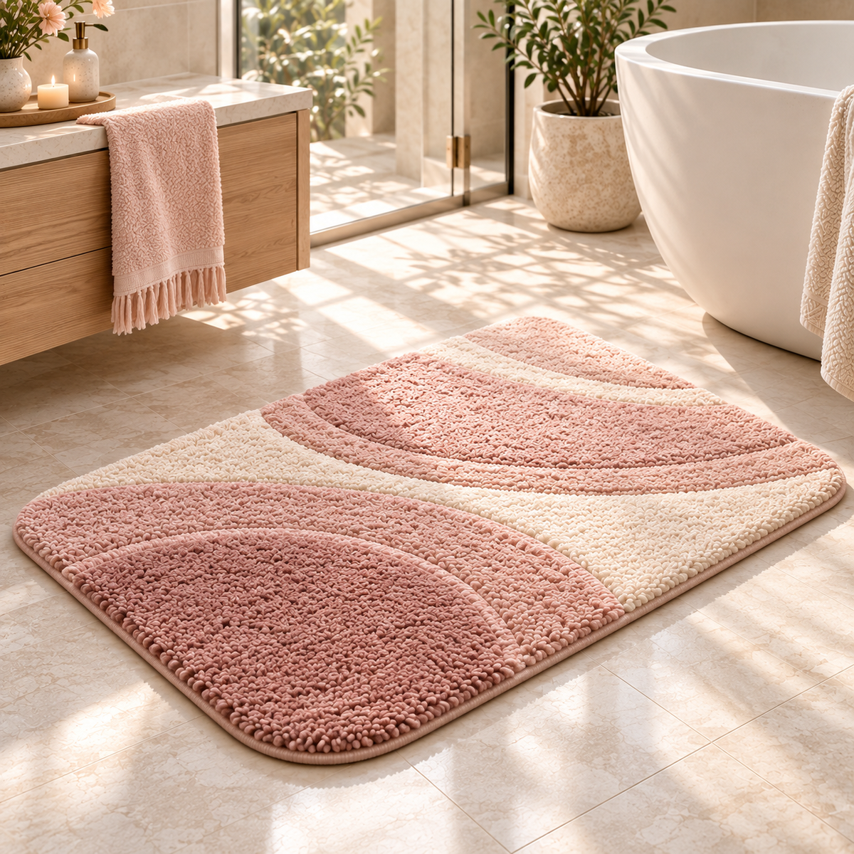 MAVEROLIR® Blush Curve Plush Bath Mat – Soft Absorbent Modern Bathroom Rug