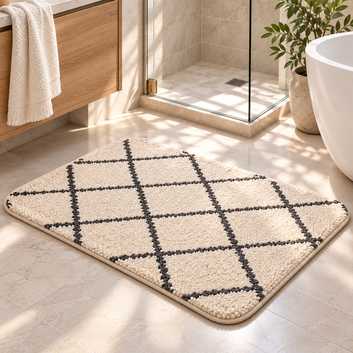 MAVEROLIR® Moroccan Diamond Tufted Bath Mat – Soft Absorbent Boho Bathroom Rug