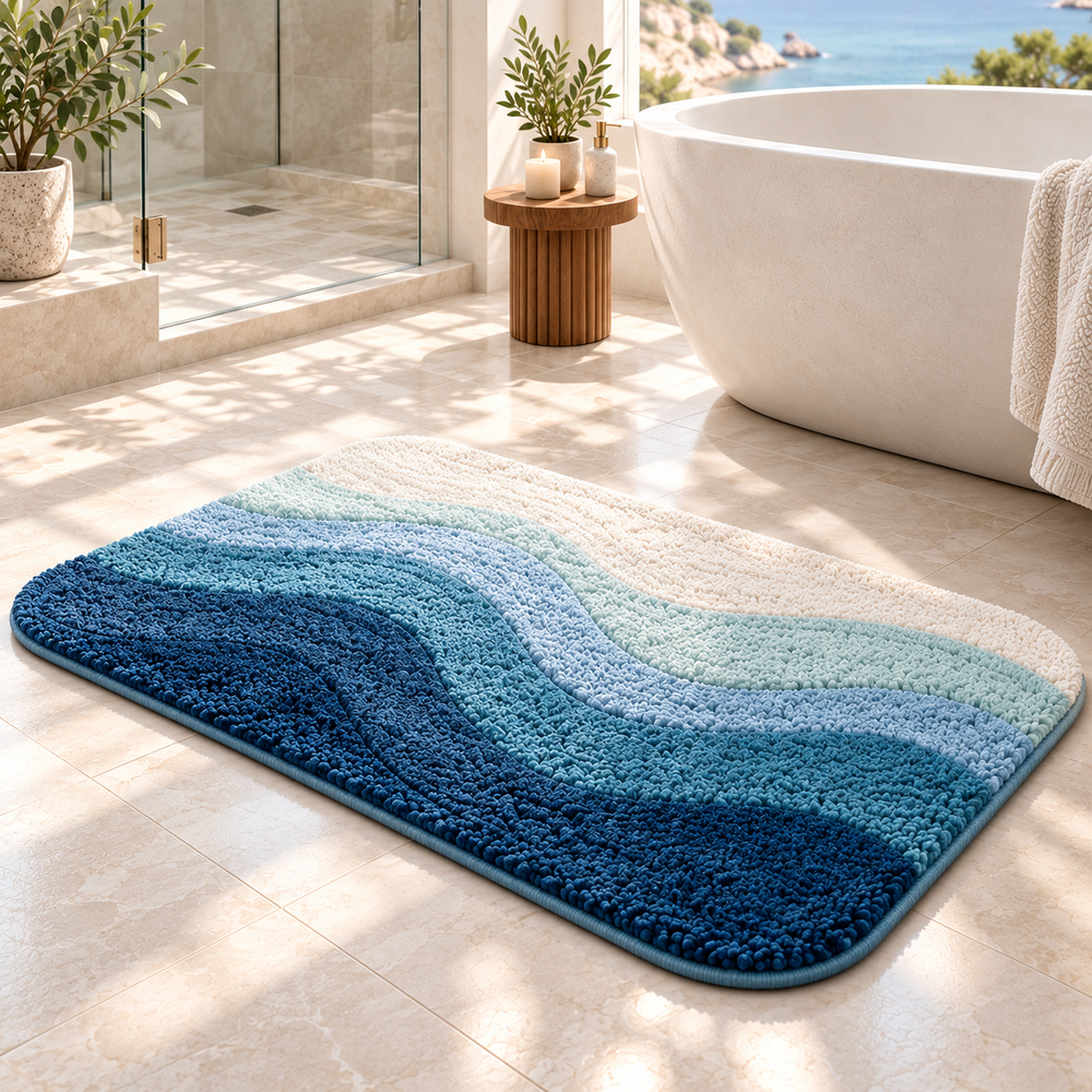 MAVEROLIR® Ocean Mist Wave Bath Mat – Plush Absorbent Non-Slip Bathroom Rug